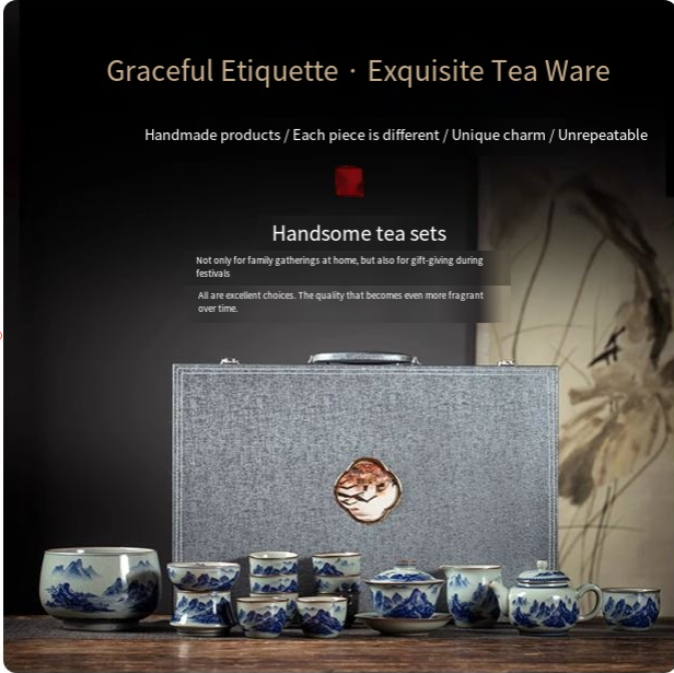 Ceramic Kung Fu tea set. complete set of household blue and white porcelain set. office gift brewing teapot. teacup gift box